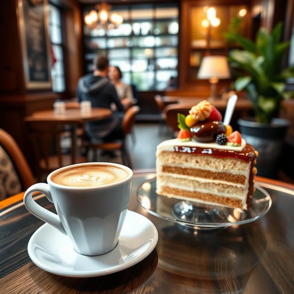 A charming café scene featuring an elegant arrangement of a steaming cup of coffee next to a luscious piece of cake, beautifully displayed on a stylish table