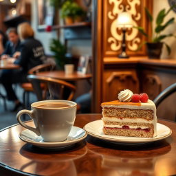 A charming café scene featuring an elegant arrangement of a steaming cup of coffee next to a luscious piece of cake, beautifully displayed on a stylish table