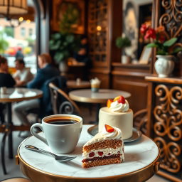 A charming café scene featuring an elegant arrangement of a steaming cup of coffee next to a luscious piece of cake, beautifully displayed on a stylish table