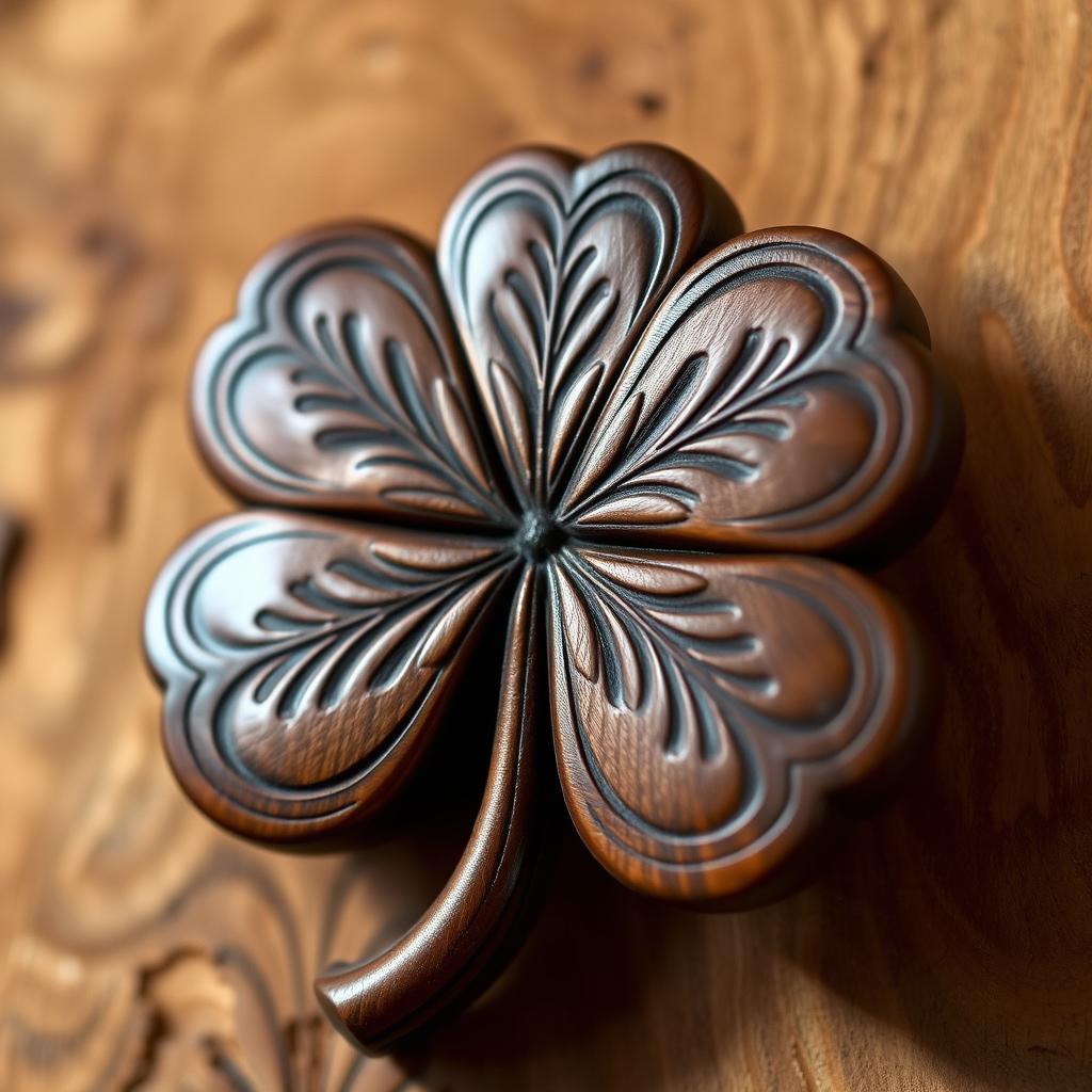 A stunningly detailed clover leaf carving made from beautifully aged dark wood, showcasing intricate patterns and designs engraved into its surface