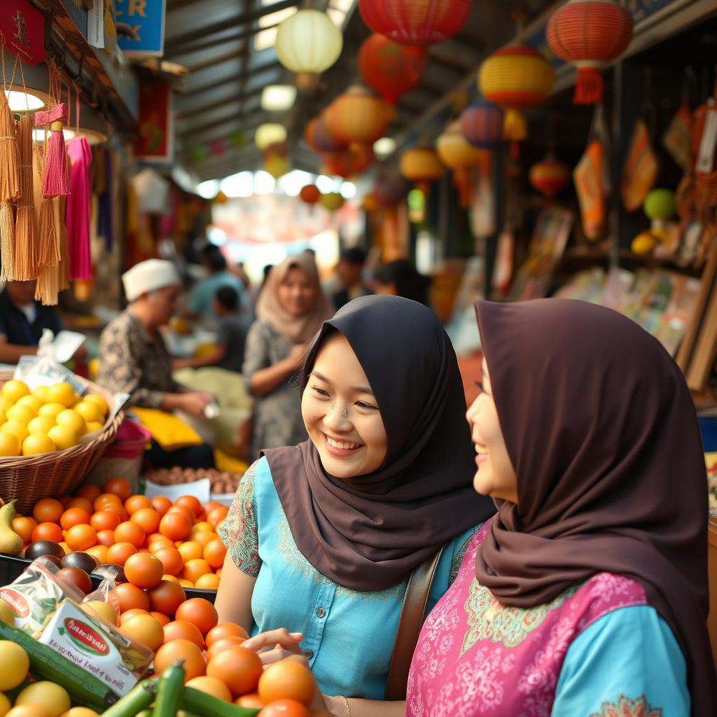 A warm and lively scene depicting a girl and her mother visiting a traditional market (pasar)