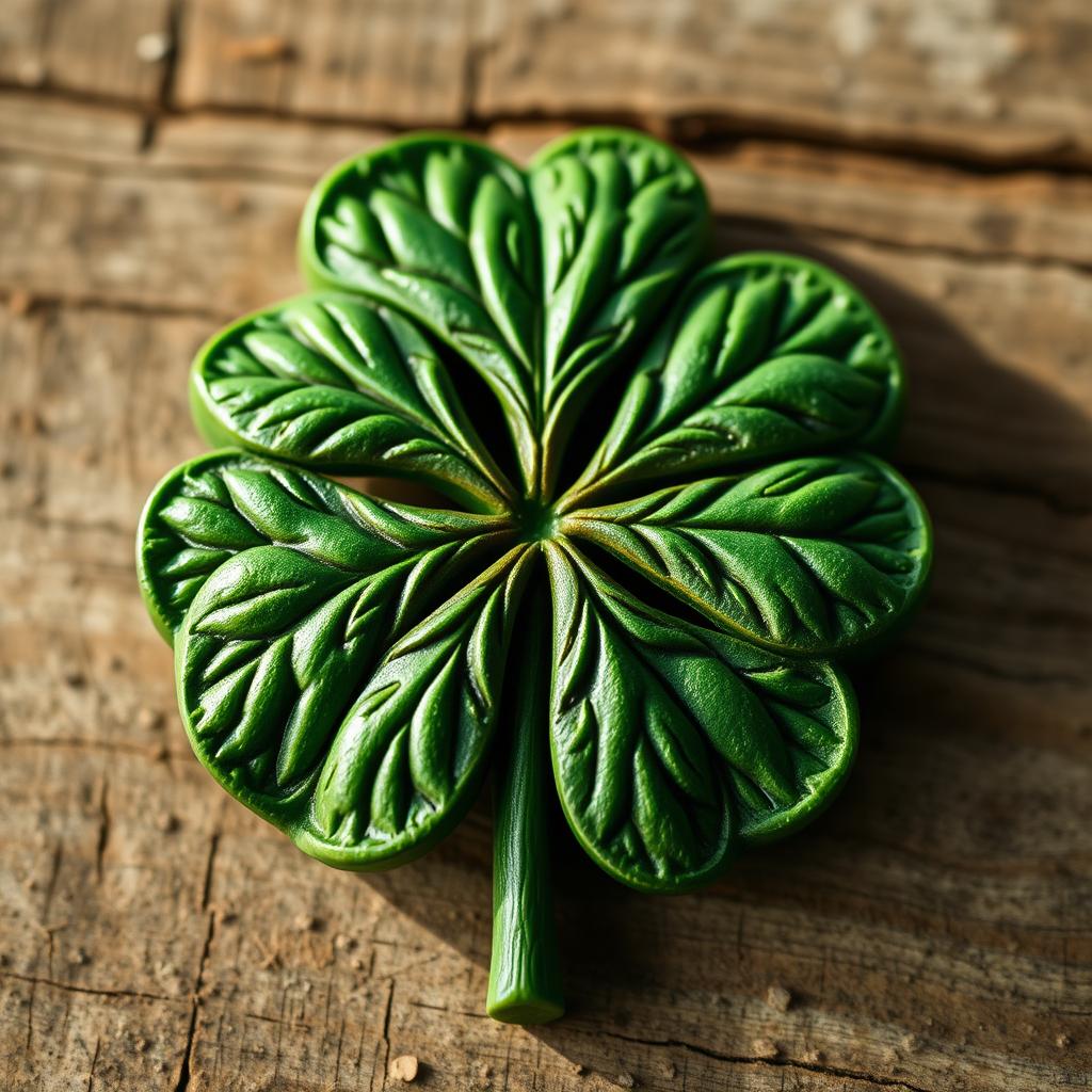 An intricately carved clover, showcasing detailed leaf patterns and textures, placed on a rustic wooden background