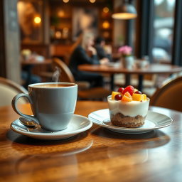 A delightful café scene showcasing a steaming cup of coffee next to a medium-sized, appetizing dessert, elegantly placed on a stylish table