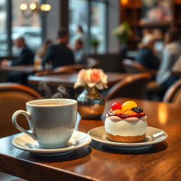 A delightful café scene showcasing a steaming cup of coffee next to a medium-sized, appetizing dessert, elegantly placed on a stylish table