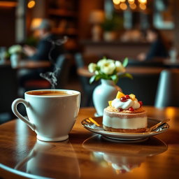 A delightful café scene showcasing a steaming cup of coffee next to a medium-sized, appetizing dessert, elegantly placed on a stylish table