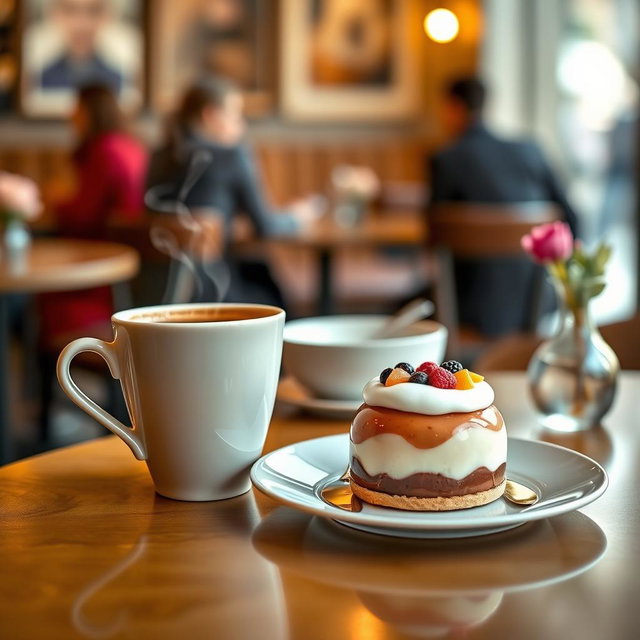 A delightful café scene showcasing a steaming cup of coffee next to a medium-sized, appetizing dessert, elegantly placed on a stylish table