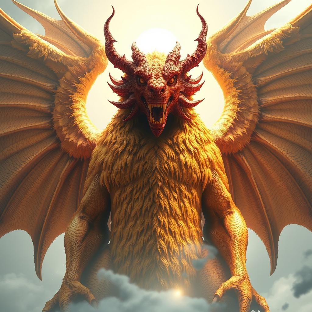 A towering figure nearly ten kilometers tall, featuring a majestic body covered in shimmering golden hair