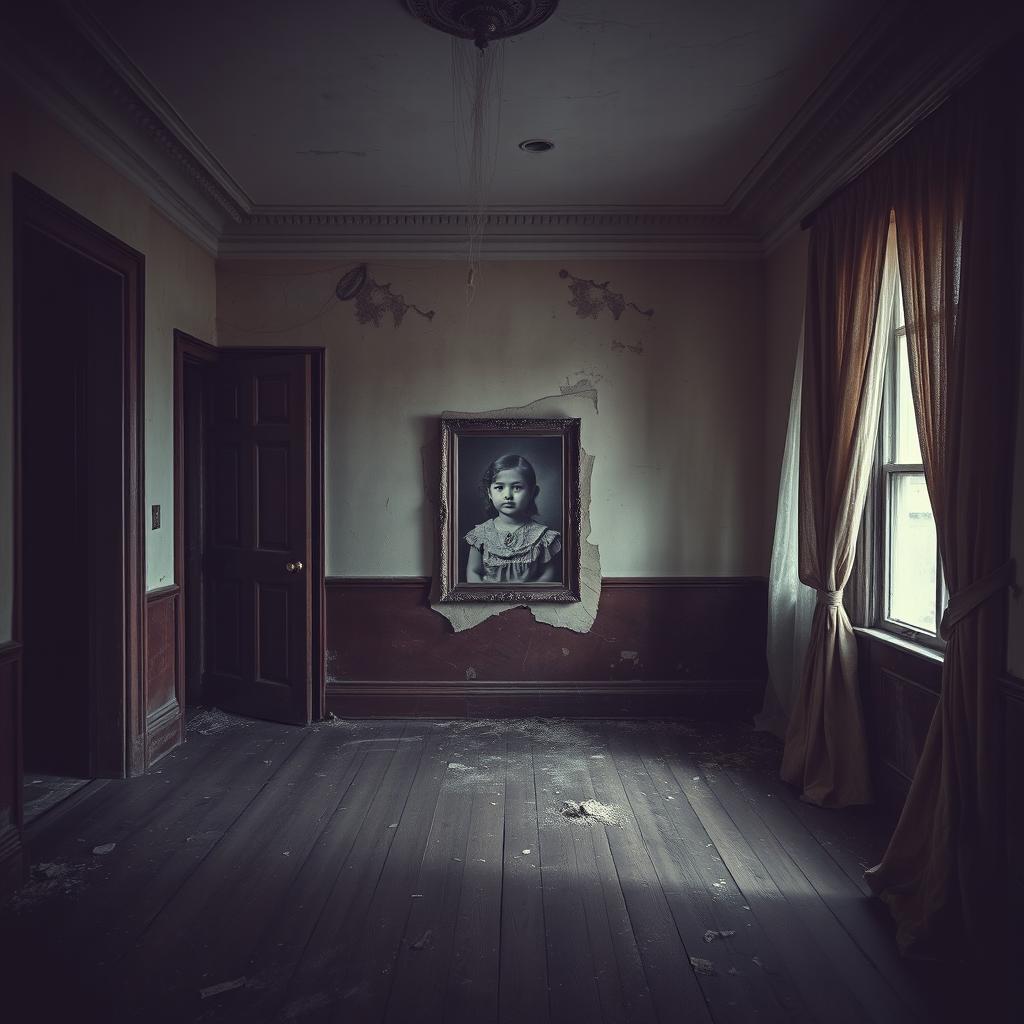 An old, abandoned house interior showcasing a faded black and white photograph of a young girl framed on a peeling wall