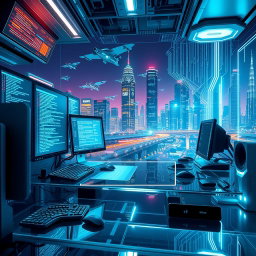 A futuristic computer space filled with advanced technology and programming elements