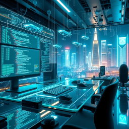 A futuristic computer space filled with advanced technology and programming elements