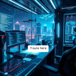 A futuristic computer space filled with advanced technology and programming elements