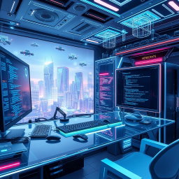 A futuristic computer space filled with advanced technology and programming elements