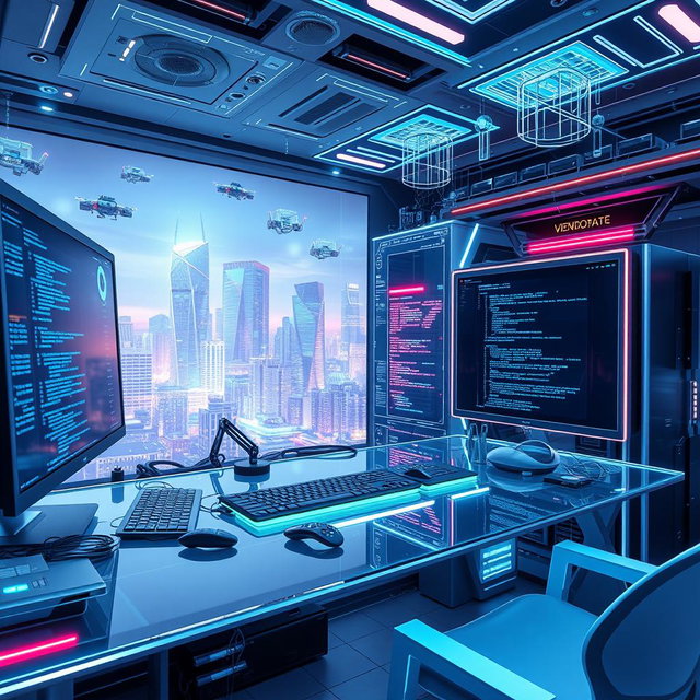 A futuristic computer space filled with advanced technology and programming elements