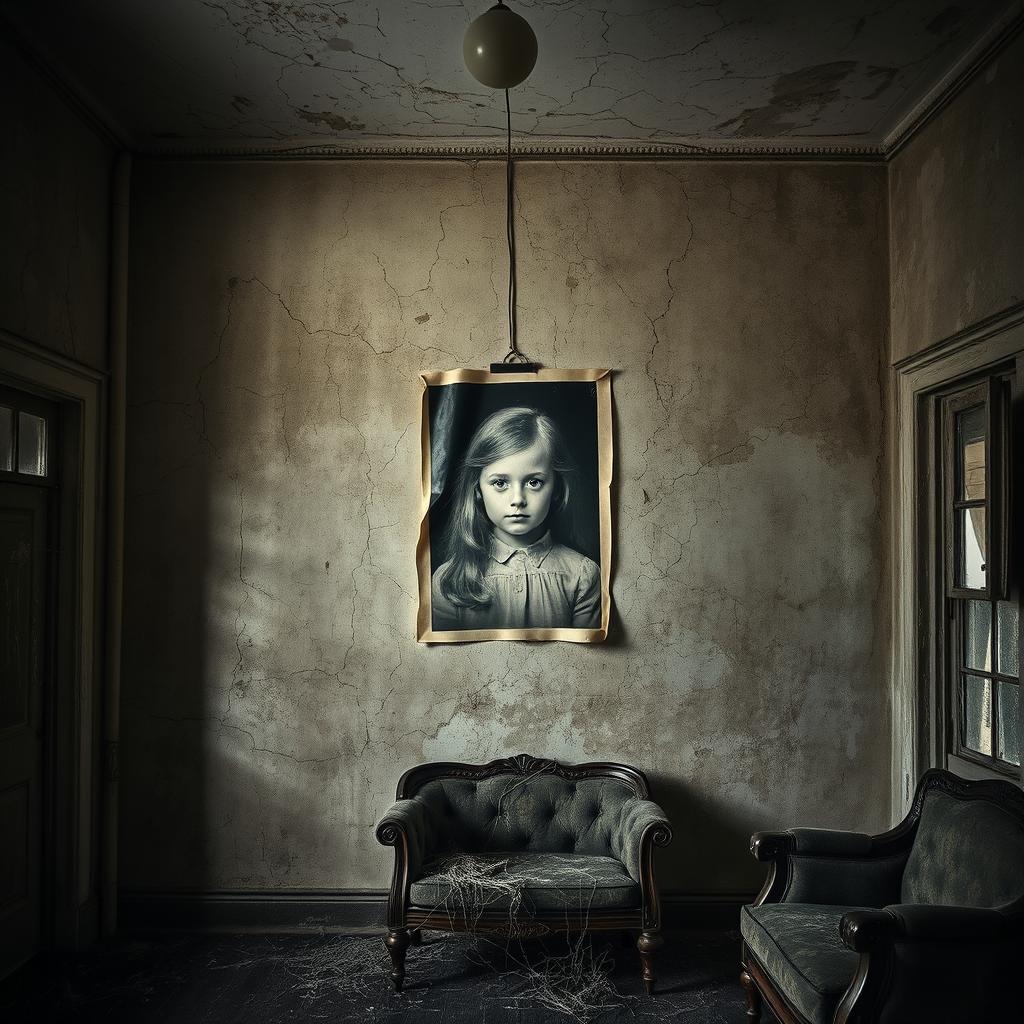 An old abandoned house interior featuring a faded black and white photograph of a girl hanging on the cracked, peeling wall