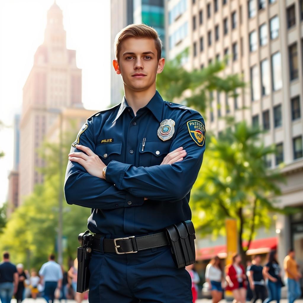 A confident police officer standing guard in a bustling city square