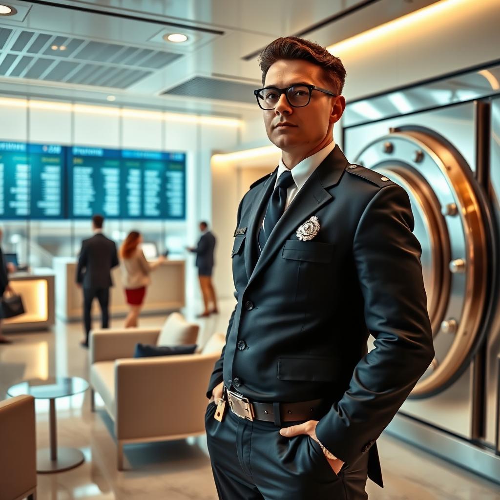 A scene depicting a confident bank security officer in a modern bank setting