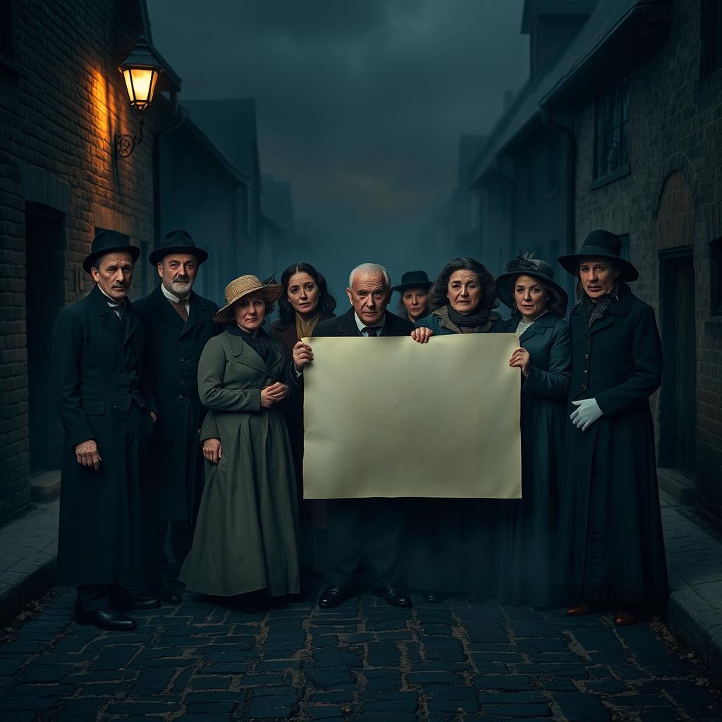 A group of Victorian-era villagers, men and women dressed in period attire, looking shocked and surprised as they gaze at a blank photo