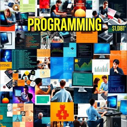 A collage-style cover featuring a vibrant mix of images centered around programming and computers