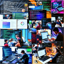 A collage-style artwork featuring a creative blend of images centered around programming and computers
