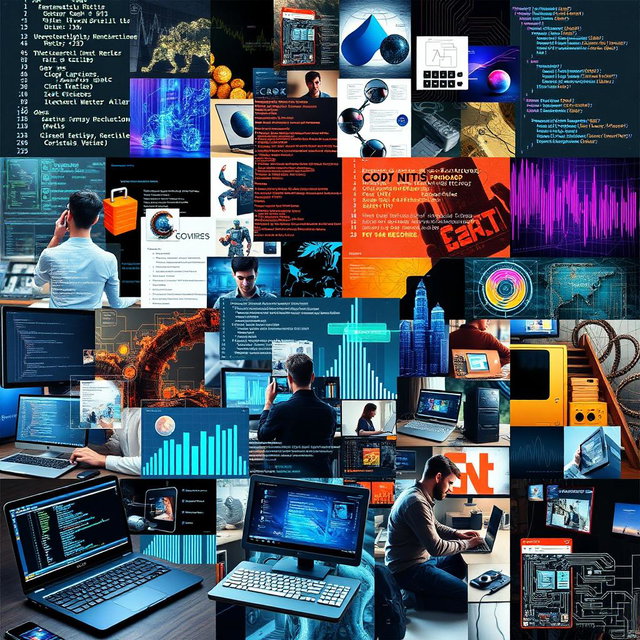 A collage-style artwork featuring a creative blend of images centered around programming and computers