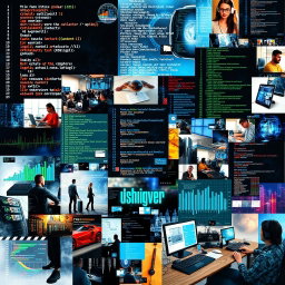 A collage-style artwork featuring a creative blend of images centered around programming and computers