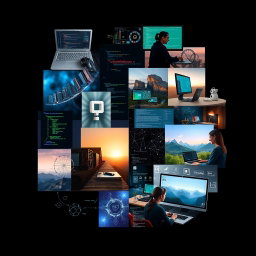 A collage-style artwork featuring a harmonious blend of images centered around programming and computers