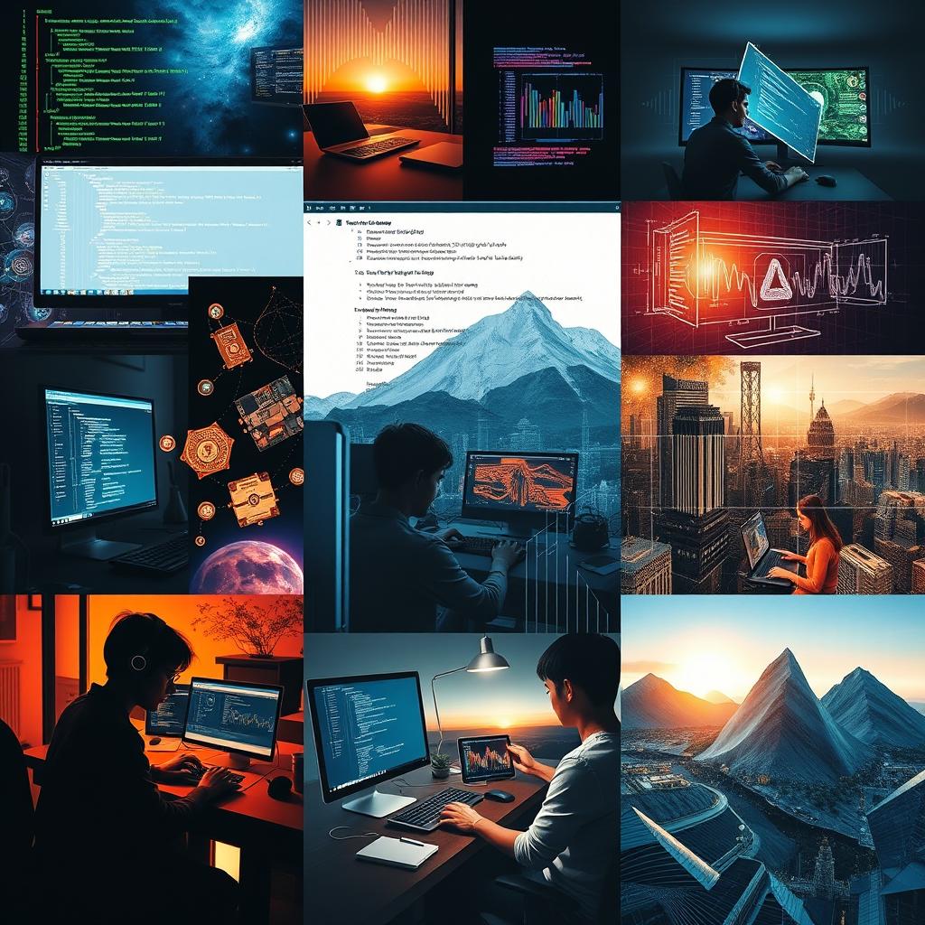 A collage-style artwork featuring a harmonious blend of images centered around programming and computers