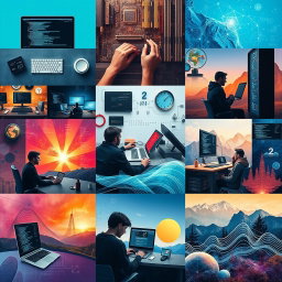 A collage-style artwork featuring a harmonious blend of images centered around programming and computers