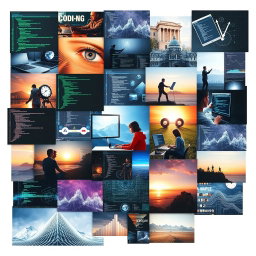 A collage-style artwork featuring a harmonious blend of images centered around programming and computers
