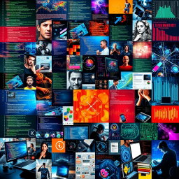A rich and diverse collage-style artwork featuring a multitude of images centered around programming and computers