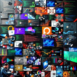 A rich and diverse collage-style artwork featuring a multitude of images centered around programming and computers