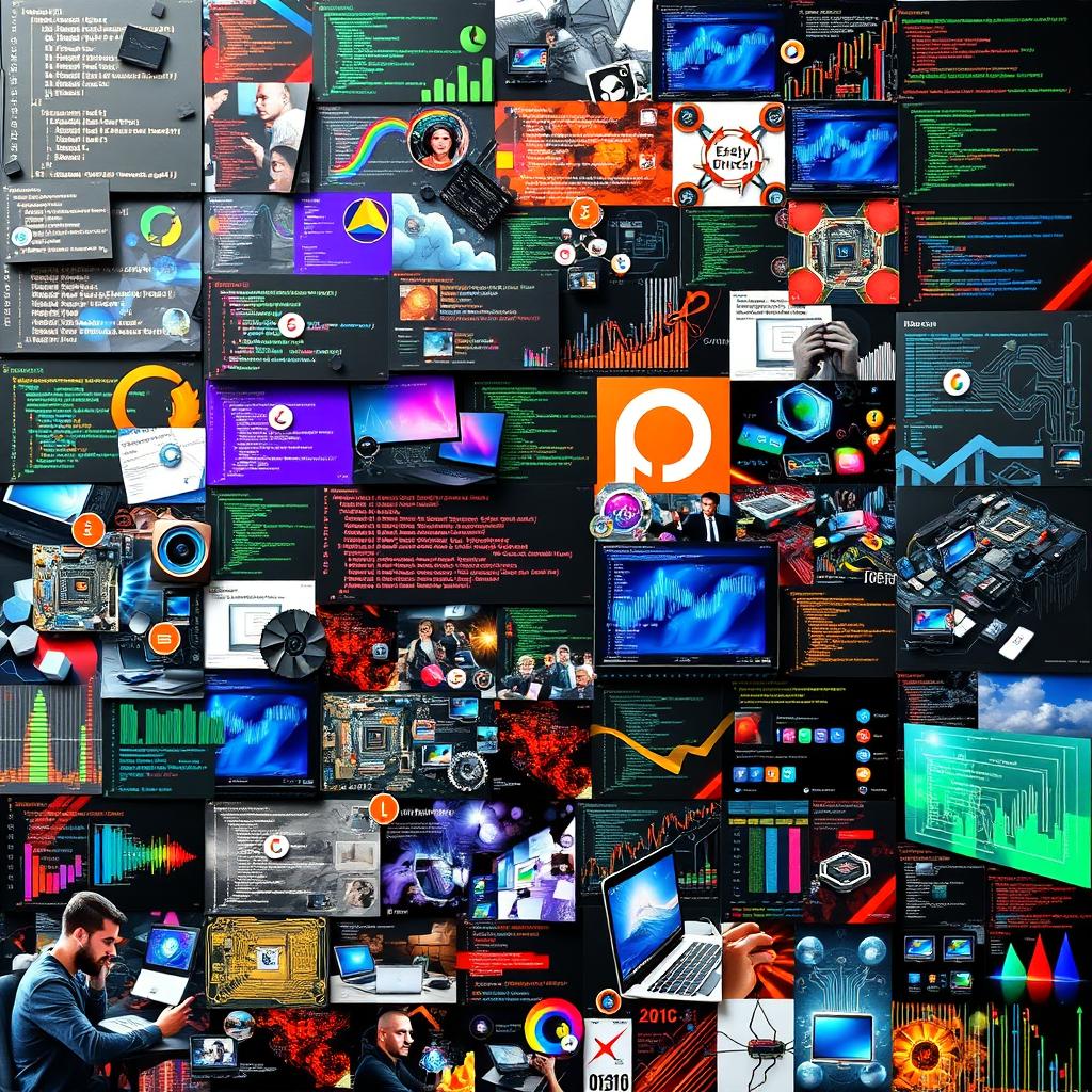 A rich and diverse collage-style artwork featuring a multitude of images centered around programming and computers