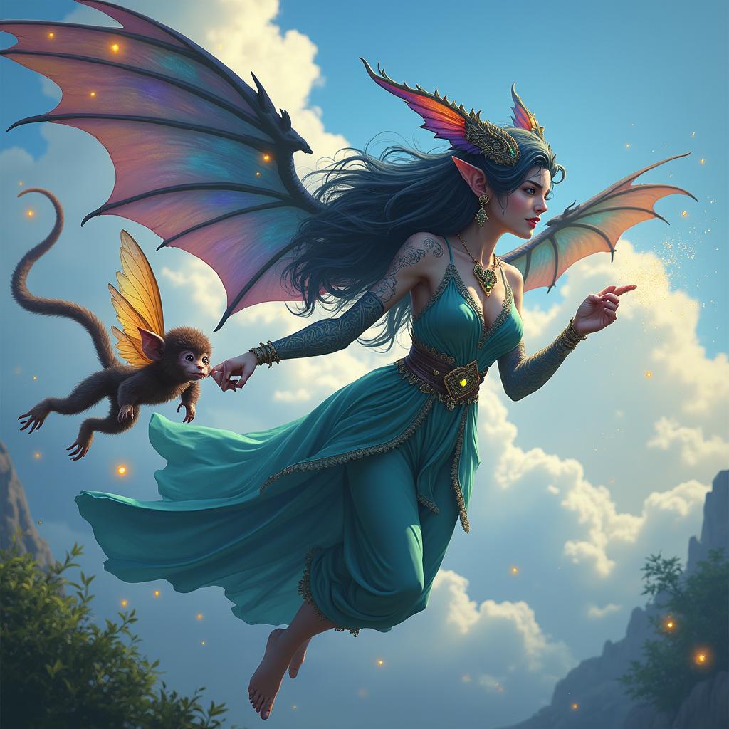 A captivating D&D Hexblood tiefling woman with iridescent dragon wings, her long flowing hair adorned with mystical gems, is playfully soaring through a vibrant sky