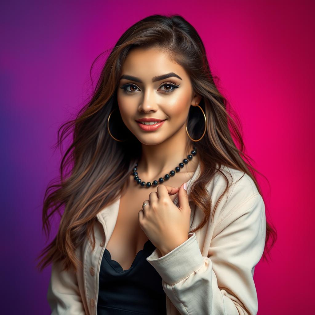 A beautiful and attractive young woman posing confidently, wearing stylish and trendy clothing