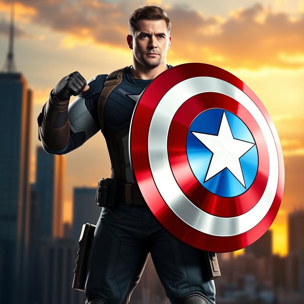 A heroic figure resembling a strong and muscular man in a dynamic pose, confidently holding Captain America's iconic shield