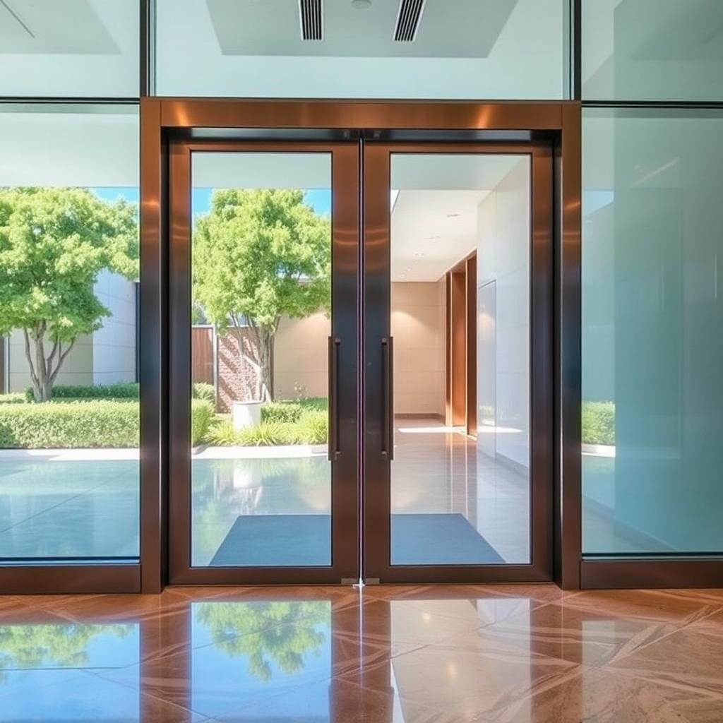 A sleek, modern automatic door, made of glass and metal, elegantly sliding open to reveal a bright and spacious interior