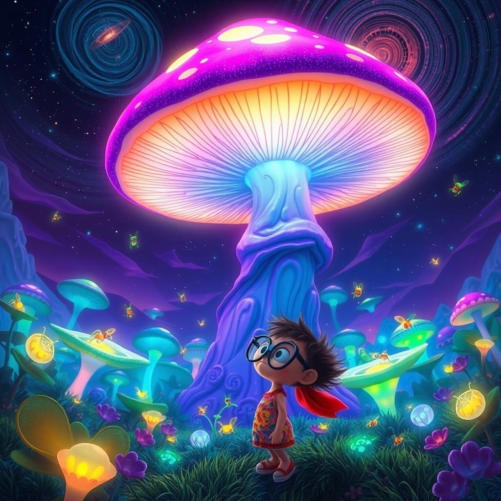 A vibrant, surreal landscape featuring a colossal, glowing mushroom with bright purple and blue hues, towering above a lush, alien forest filled with bioluminescent plants and glowing insects buzzing around