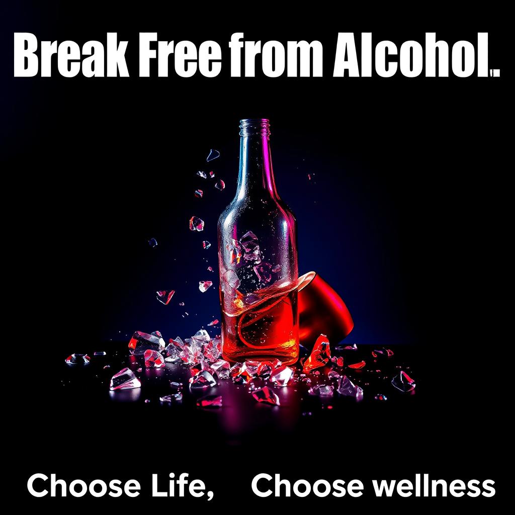 A powerful and visually striking anti-alcohol poster featuring a broken bottle with shards of glass scattered around, symbolizing the destruction caused by alcohol