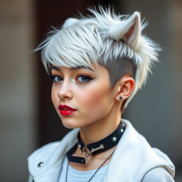 A stylish girl with a trendy wolfcut hairstyle, predominantly white with hints of black