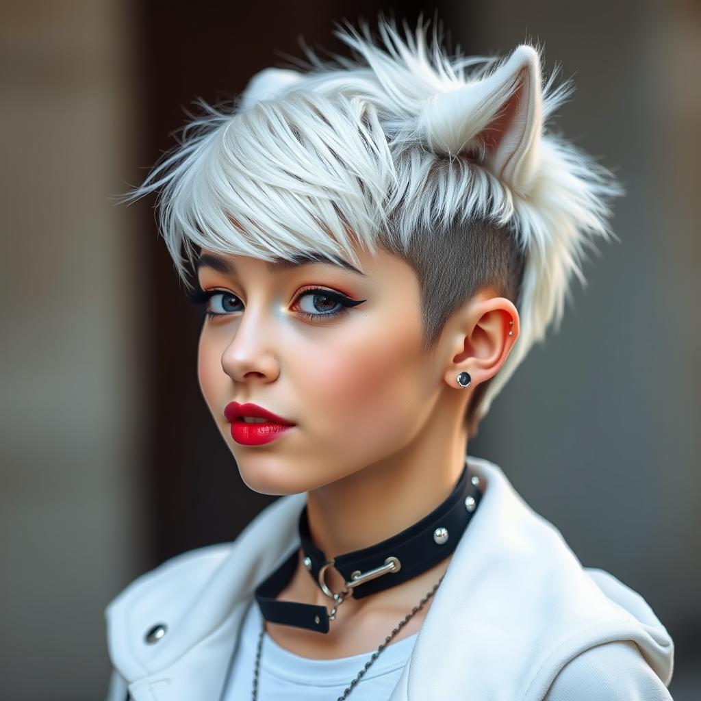 A stylish girl with a trendy wolfcut hairstyle, predominantly white with hints of black