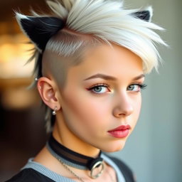 A stylish girl with a trendy wolfcut hairstyle, predominantly white with hints of black