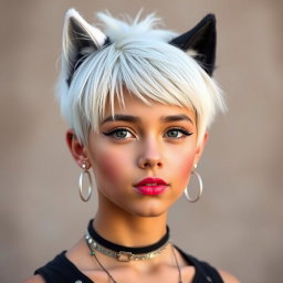 A stylish girl with a trendy wolfcut hairstyle, predominantly white with hints of black
