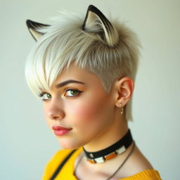 A stylish girl with a trendy wolfcut hairstyle, predominantly white with hints of black
