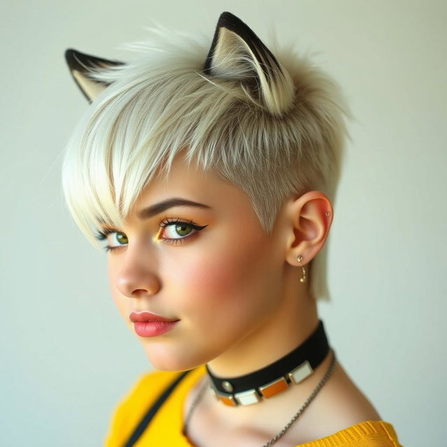 A stylish girl with a trendy wolfcut hairstyle, predominantly white with hints of black