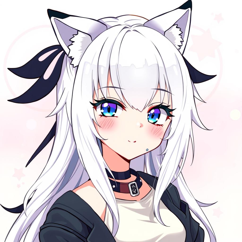 A girl with long wolfcut hair, predominantly white with some black strands
