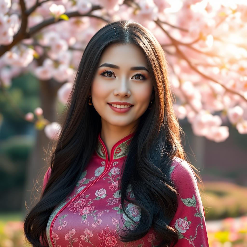 A stunning portrait of a beautiful Chinese woman in traditional attire, featuring luscious black hair cascading down her shoulders, with delicate facial features and a warm smile