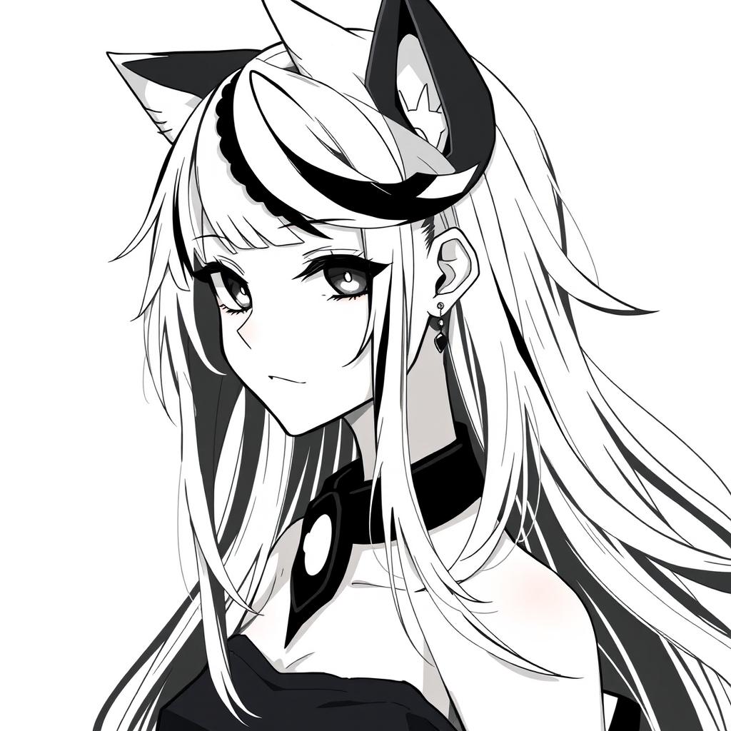 A girl with long wolfcut hairstyle featuring predominantly white and black highlights, showcasing various piercings on her ears and a stylish neckband