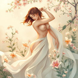 A beautifully illustrated artwork of a sensual female figure posed artistically amidst a dreamy landscape, embodying grace and elegance