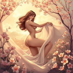 A beautifully illustrated artwork of a sensual female figure posed artistically amidst a dreamy landscape, embodying grace and elegance