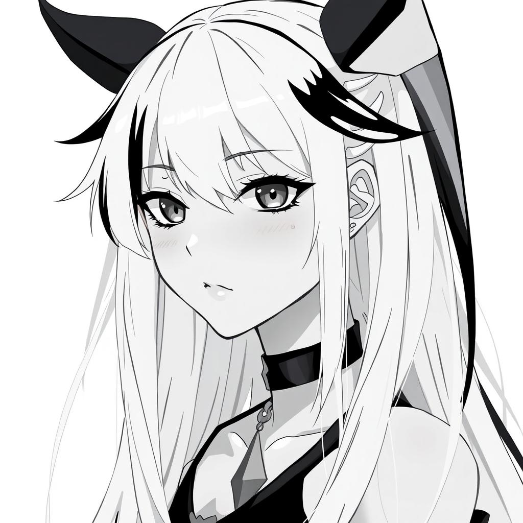 A girl with long, flowing hair predominantly white with striking black highlights, adorned with multiple piercings